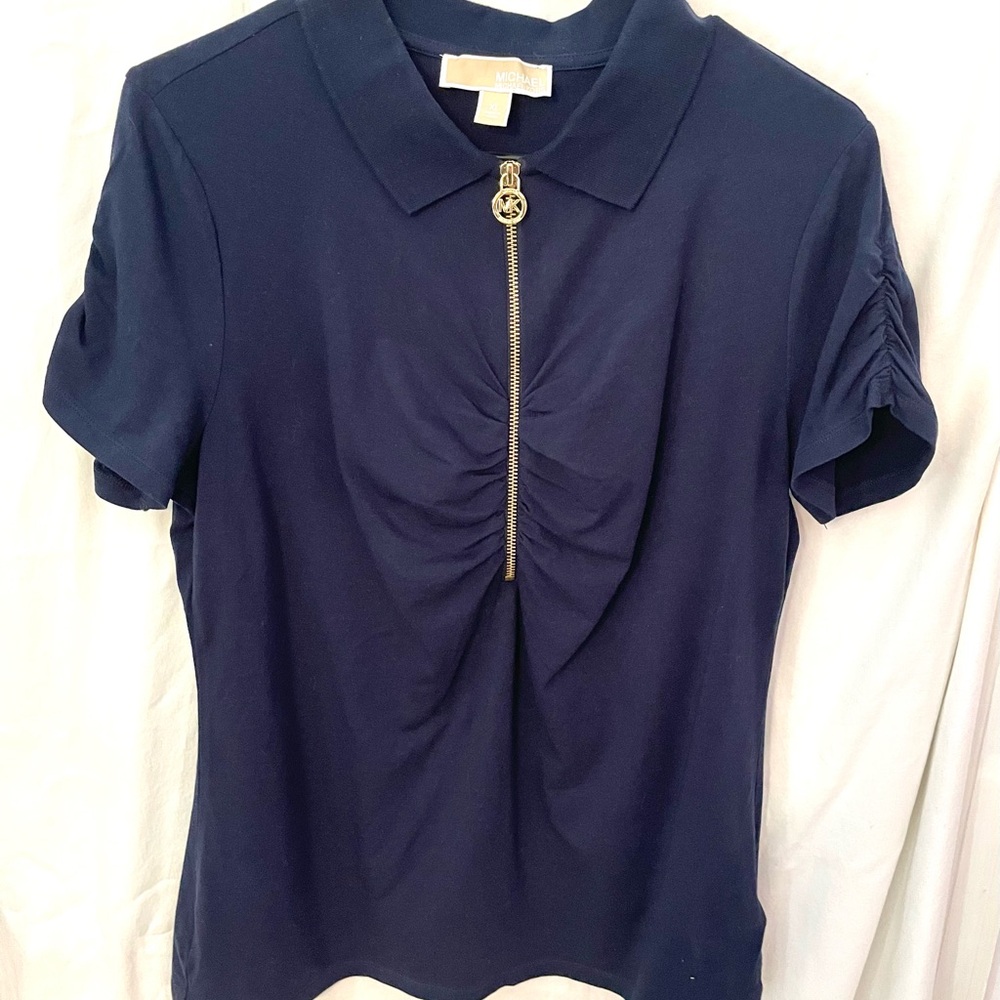 Michael Kors Navy Ruched Polo with Gold Zip